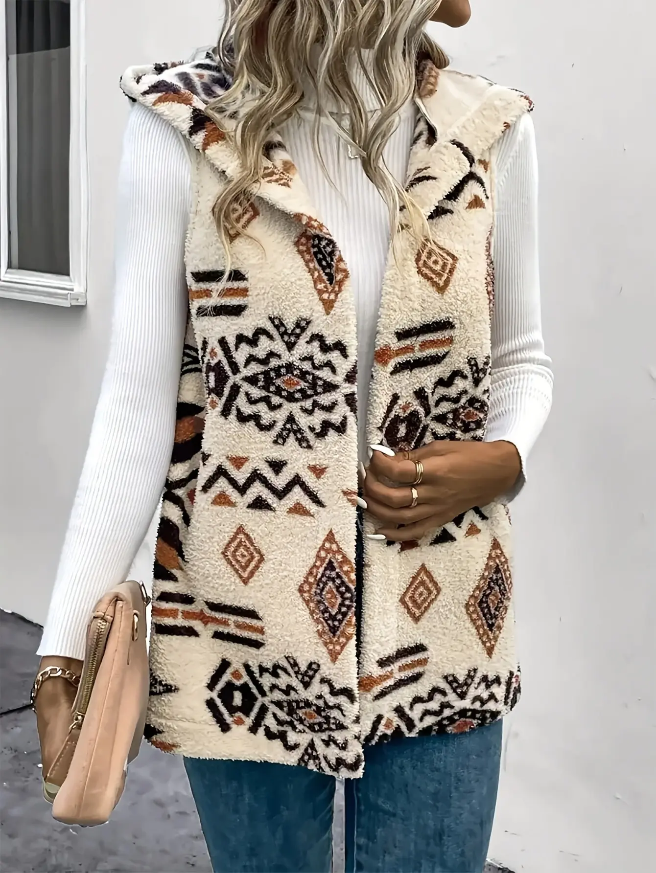 Reversible Hooded Vest for Women, Geometric Print Beige Reversible Hooded Vest for Women, Geometric Print Beige