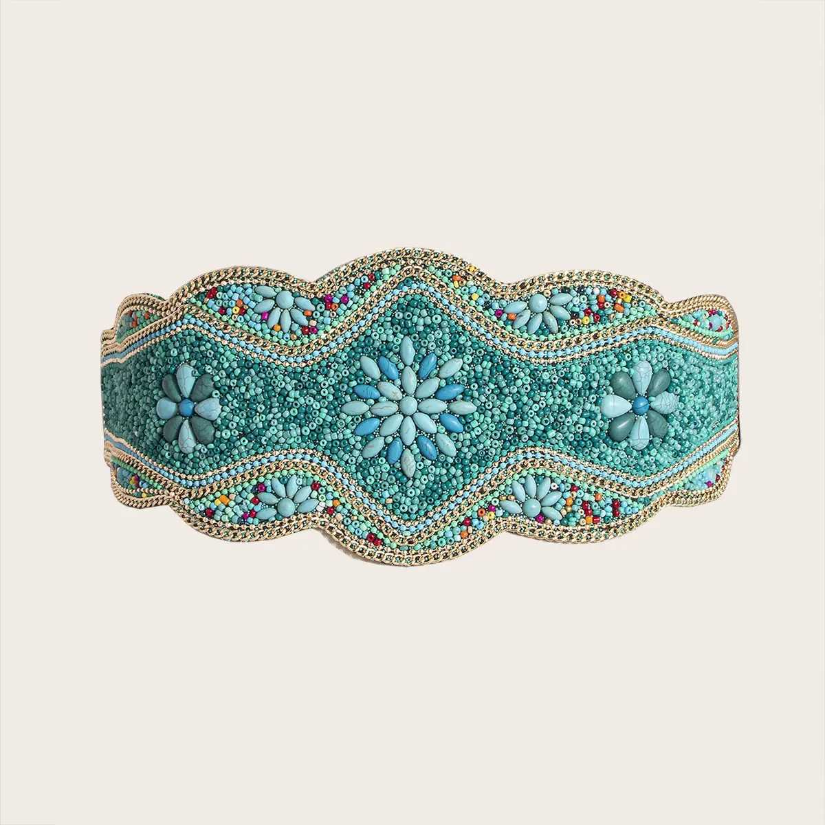 Ethnic Beaded Waist Seal with Hemp Rope, Wide 74 cm