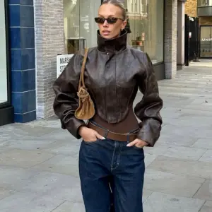 Solid-color High-neck Cropped Leather Jacket