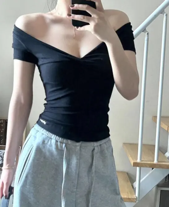 Soft Modal Off-Shoulder V-Neck Top with Openwork Patchwork in Black Soft Modal Off-Shoulder V-Neck Top with Openwork Patchwork in Black