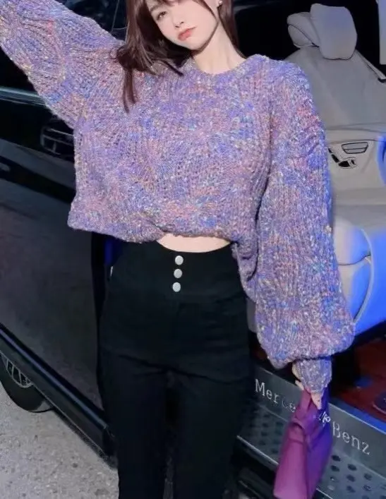 Loose-fitting Colorful Lantern-sleeve Knit Sweater