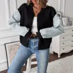 Women's Color Blocked Baseball Collar Casual Long Sleeved Zipper Jacket