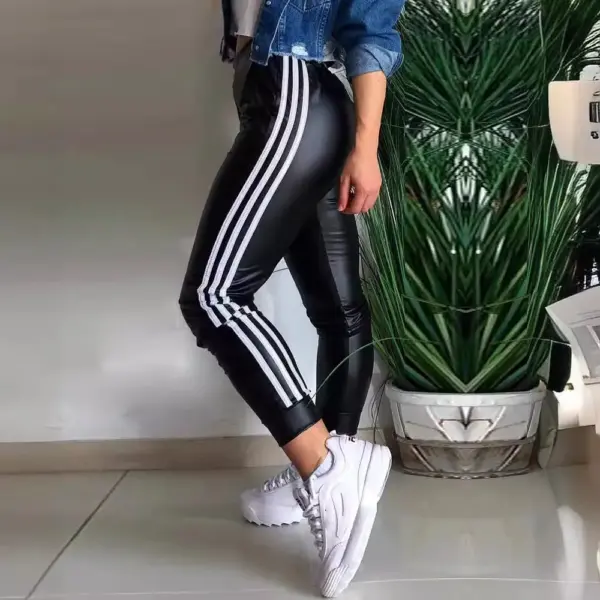 Women's Fashion New PU Side Ribbon Stitching Casual Trousers