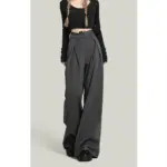 Statement Black Lace Stitch Wide-Leg Casual Pants for Women