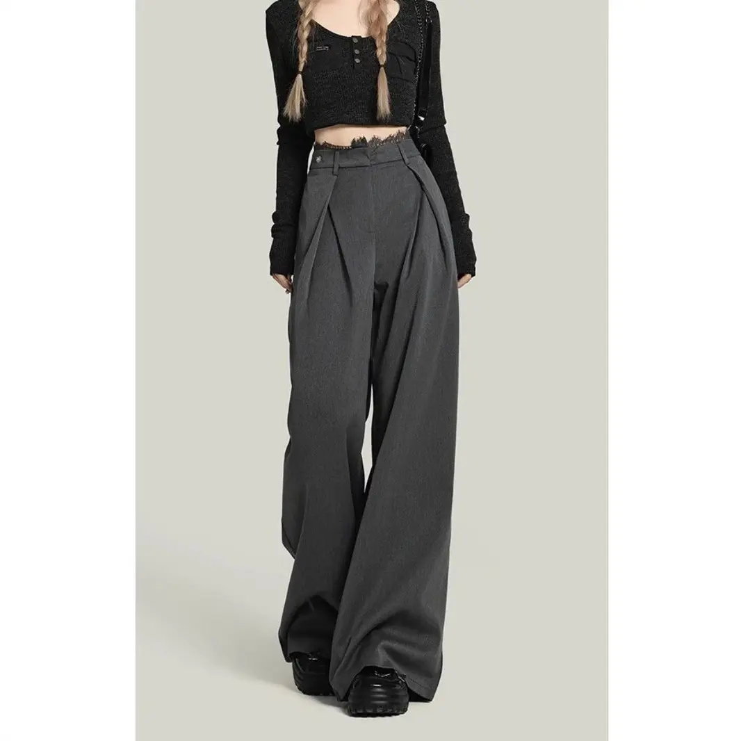 Statement Black Lace Stitch Wide-Leg Casual Pants for Women