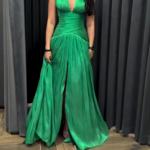 Emerald Green Plunging Neckline Pleated Maxi Dress with Side Slit
