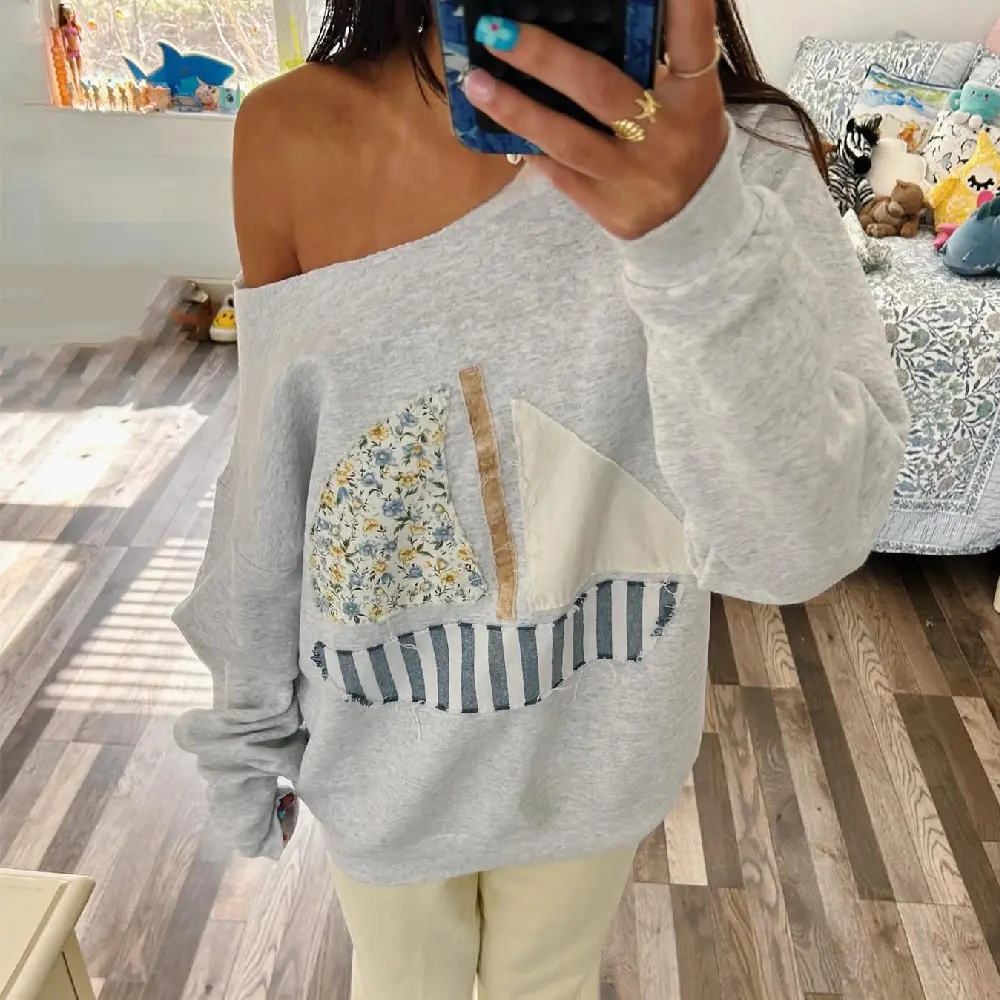 3 D-Effect Off-Shoulder Pullover Sweatshirt for Women