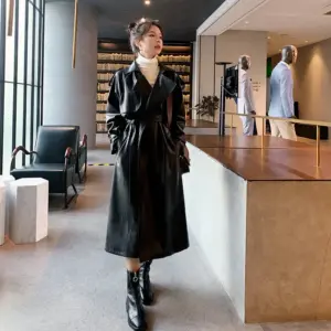 Windproof Mid-Length Black Leather Windbreaker for Layering