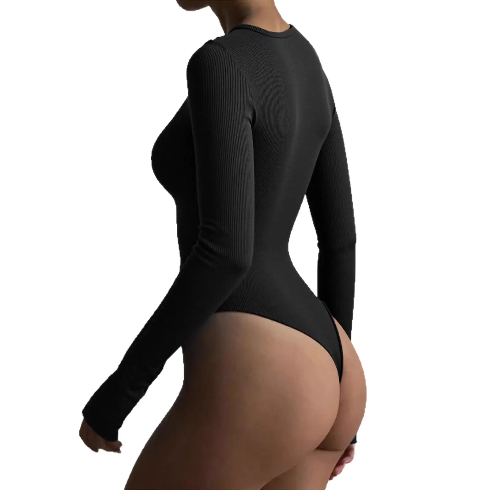 Flattering Button-Up Ribbed Bodysuit for Women, Black Flattering Button-Up Ribbed Bodysuit for Women, Black