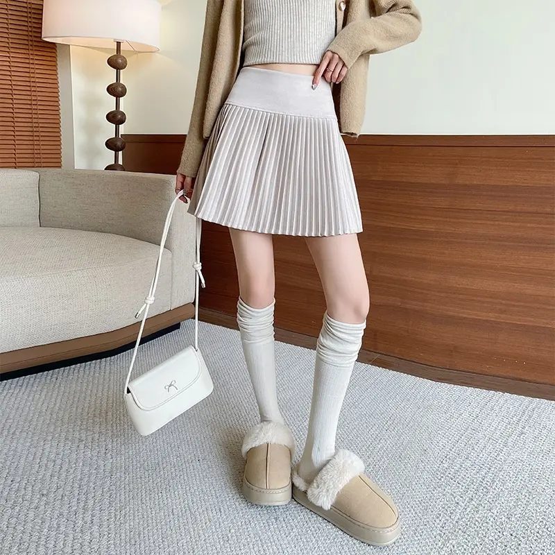 Warm Wool-Blend Pleated Midi Skirt for Winter - Slight Stretch