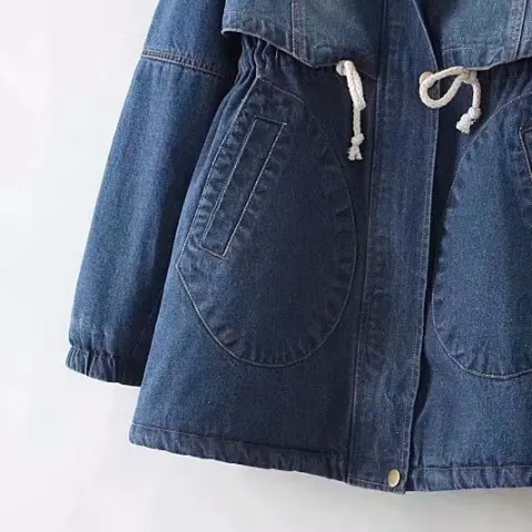 Warm Fleece-Lined Denim Padded Jacket for Women, Mid-Length Warm Fleece-Lined Denim Padded Jacket for Women, Mid-Length