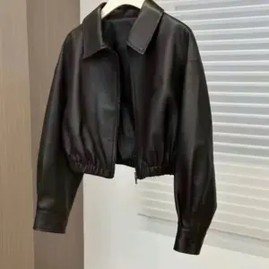 Soft Leather Black Zip Coat for Spring & Autumn, Square Neck