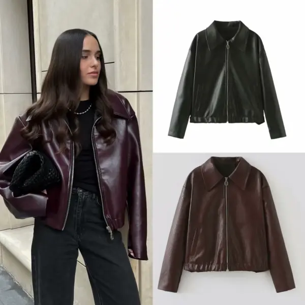 Solid Color Square Collar Leather Jacket Coat Solid Color Square Collar Leather Jacket Coat