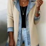 Structured Suit Collar Patchwork Denim Coat for Women