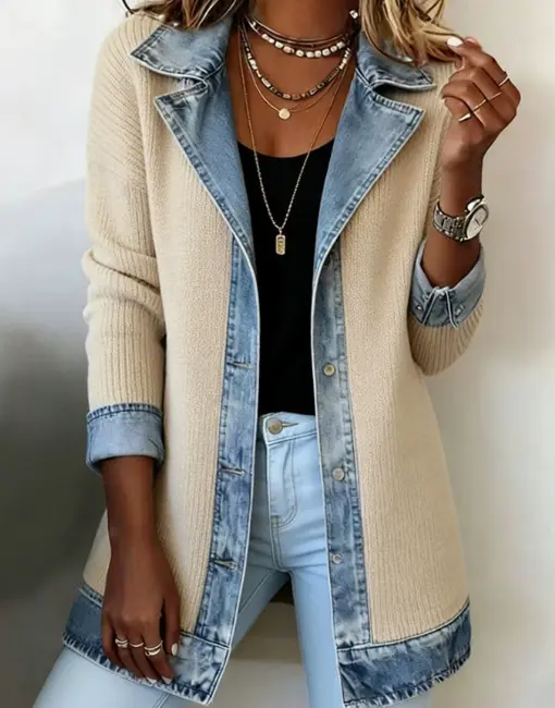 Structured Suit Collar Patchwork Denim Coat for Women
