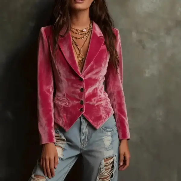Womens Long-sleeve Shirt-collar Velvet Blazer