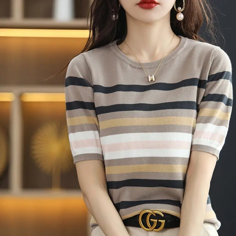 Striped Knitted Short Sleeve Women Striped Knitted Short Sleeve Women