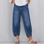 Washed Slim Fit Denim Jeans for Women with Heart Print