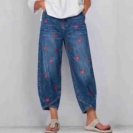 Washed Slim Fit Denim Jeans for Women with Heart Print
