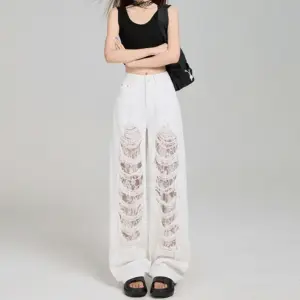 Women's Off-White Ripped Lace High-Waist Loose Denim Jeans