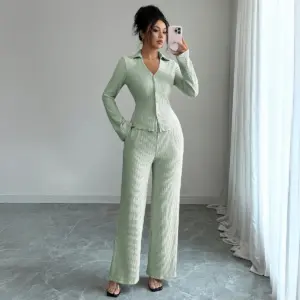 Button Shirt Wide-leg Pants Suit For Women
