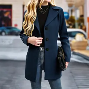 Women’s Relaxed Fit Wool Look Coat, Navy Notch Collar