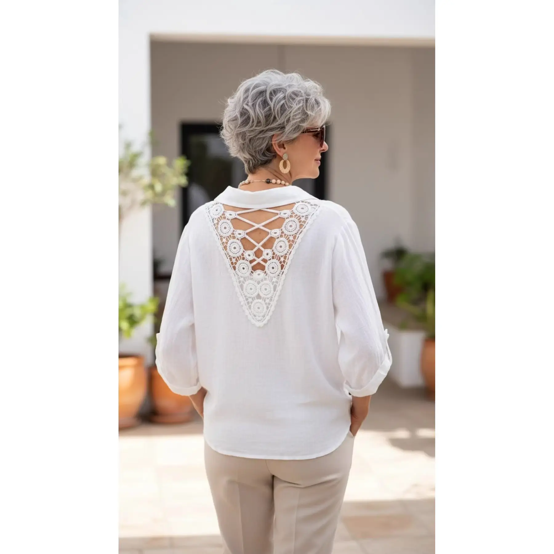 Buttoned V-Neck Lace-Up Shirt with Pockets for Women Buttoned V-Neck Lace-Up Shirt with Pockets for Women