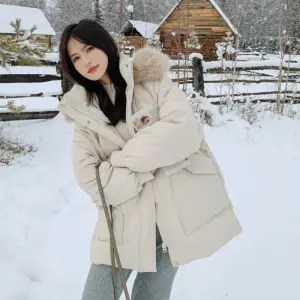 New Thickened Cotton Coat With A Hood And A Big Fur Collar Perfect For Petite Frames
