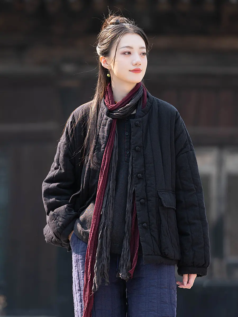 Womens Retro Colorblock Padded Jacket with Knotted Buttons