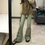 Stretchy Retro Green Wide-Leg Denim Pants for Women