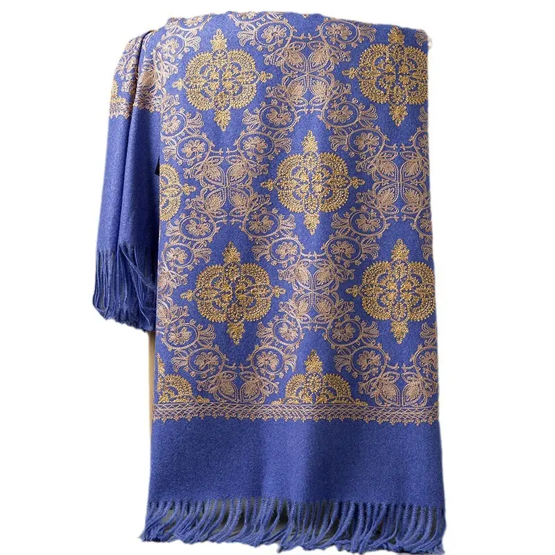 Embroidered Faux Cashmere Shawl Scarf with Tassels