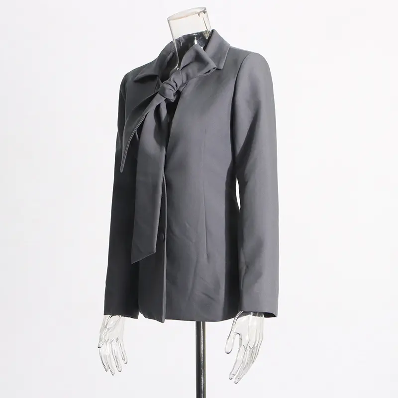 Lace-Up V-Neck Single-Breasted Gray Blazer for Women