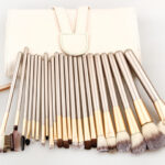 Portable Set Makeup Brushes with Champagne White Handles, 24 pc