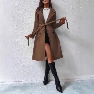 Belted Long Sleeve Double-Breasted Lapel Coat for Women