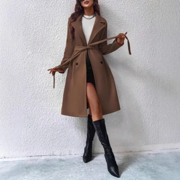 Belted Long Sleeve Double-Breasted Lapel Coat for Women Belted Long Sleeve Double-Breasted Lapel Coat for Women