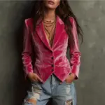 Womens Long-sleeve Shirt-collar Velvet Blazer