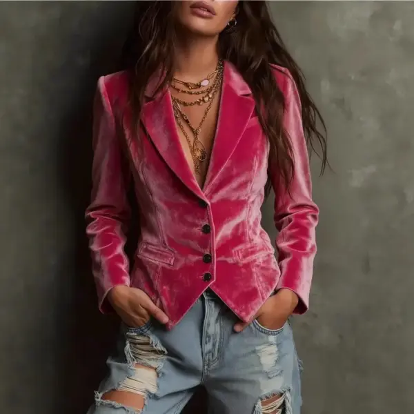 Womens Long-sleeve Shirt-collar Velvet Blazer