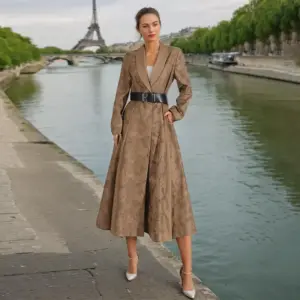 Streamlined Slim-Fit V-Neck Leather Trench Coat with Belt