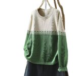 Loose Fit Preppy Crew-Neck Cotton Knit Sweater - Color Block