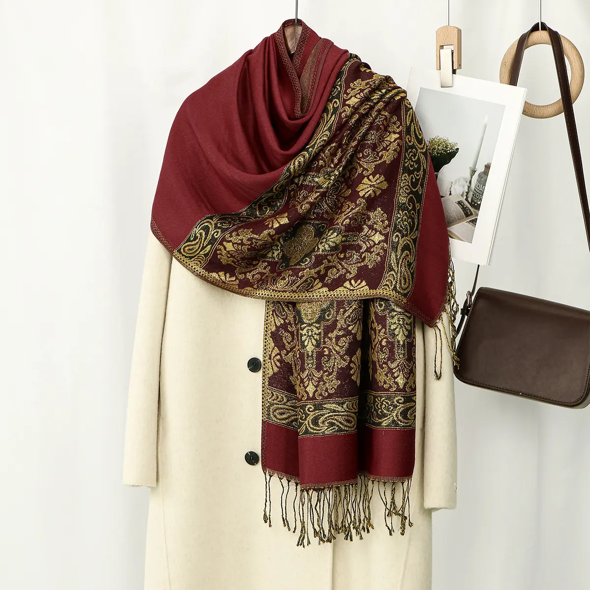 Cashew Print Tassel Scarf for Women, 172 x70 cm Long Wrap