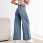 Retro Lace-Up High-Waist Wide Leg Cotton Jeans for Women