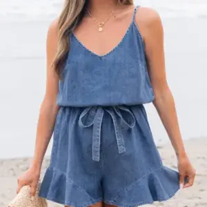 Flattering V-Neck Belted Cotton Romper with Ruffled Legs