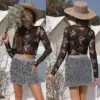 Printed Sexy Sheer Mesh Long-Sleeve Womens Top
