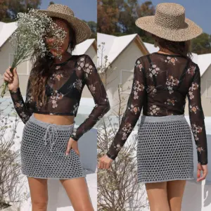 Printed Sexy Sheer Mesh Long-Sleeve Womens Top