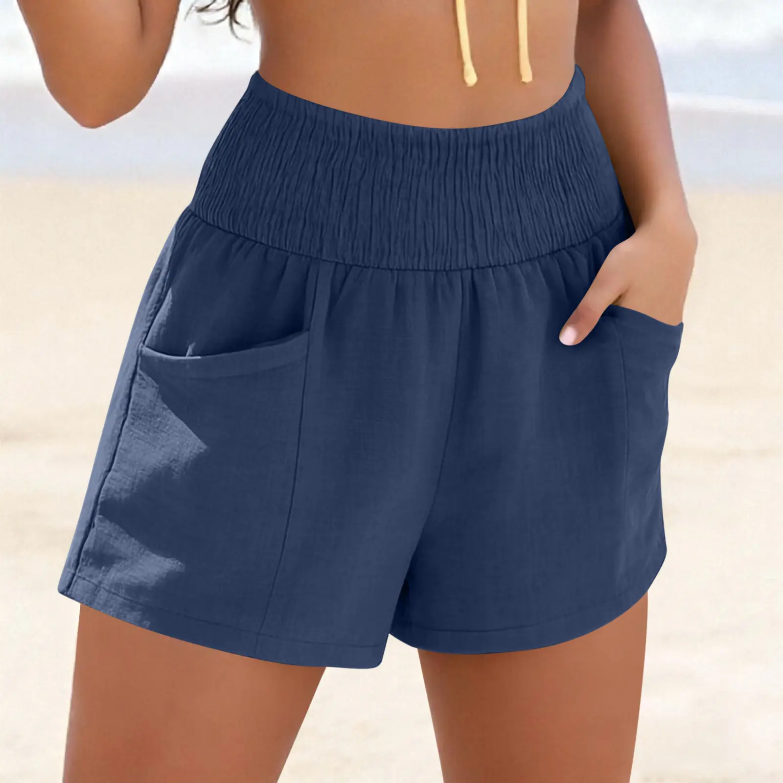 Adjustable Fit Cotton-Linen Drawstring Pocket Beach Shorts