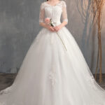 Deep V-Neck Lace Wedding Dress with Long Sleeves Tail