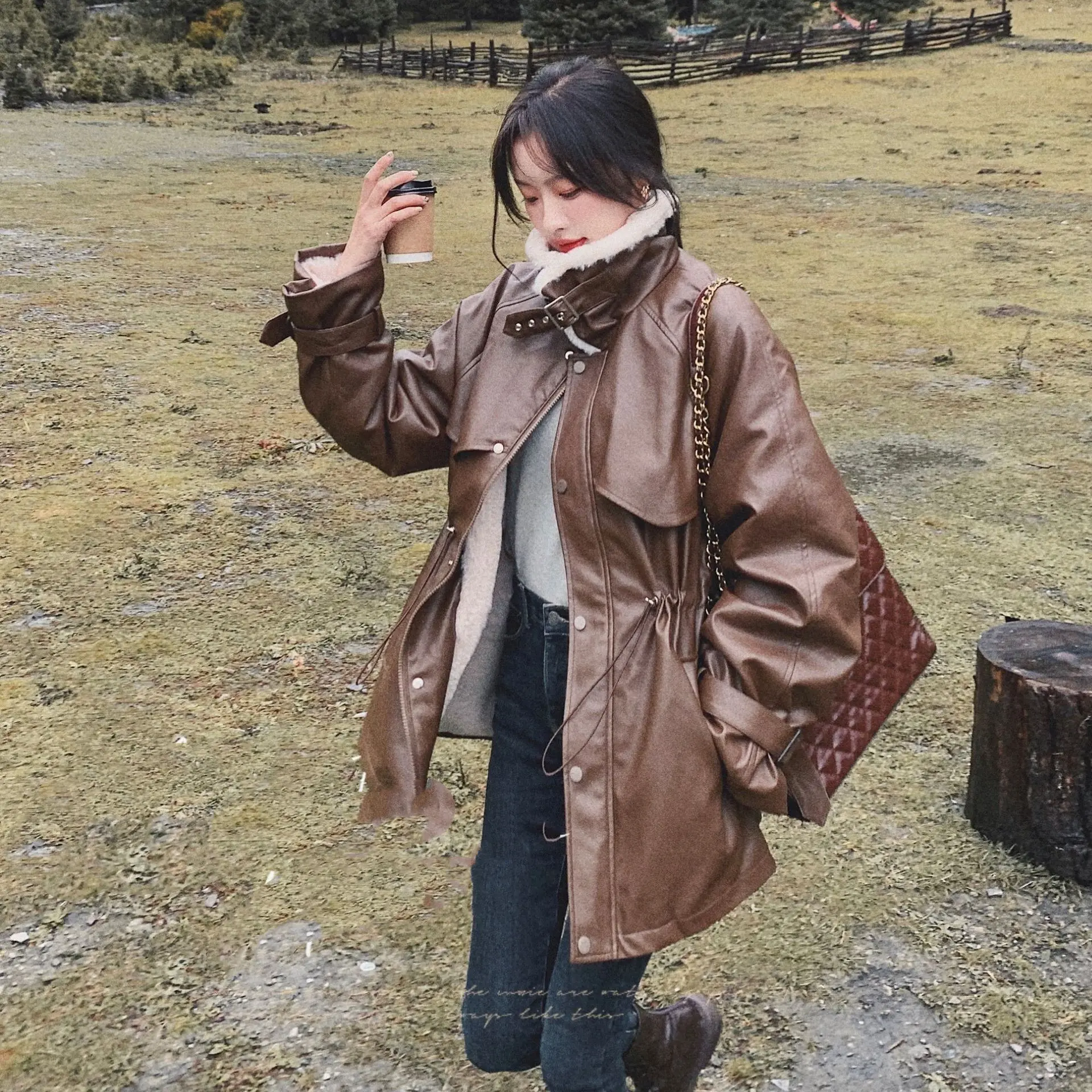 Women's New Leather Motorcycle Jacket Lamb Wool Coat