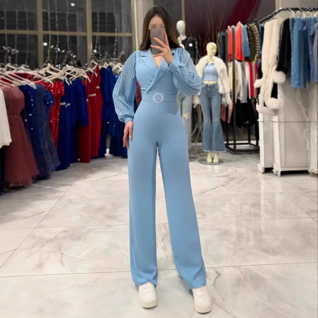 Elegant Commuter Jumpsuit with Pleated Long Sleeves & Zipper Elegant Commuter Jumpsuit with Pleated Long Sleeves & Zipper