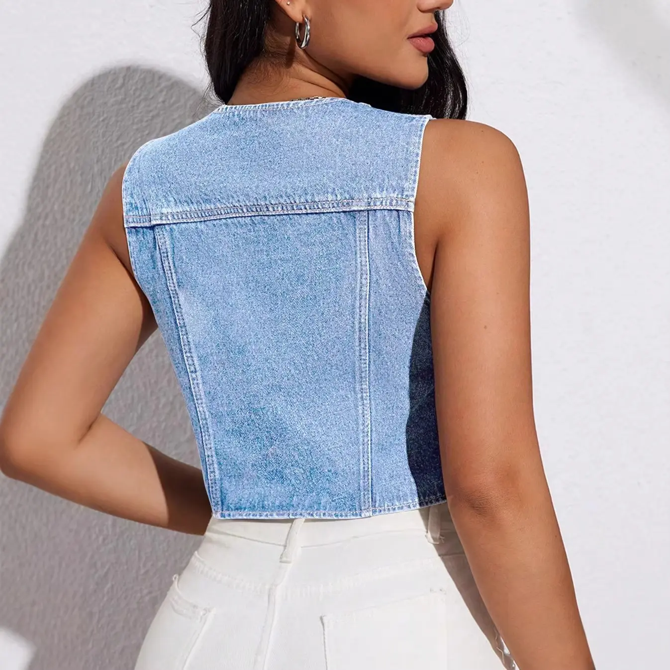 Deep V-Neck Denim Tank Top for Women, Light Blue Slim Fit