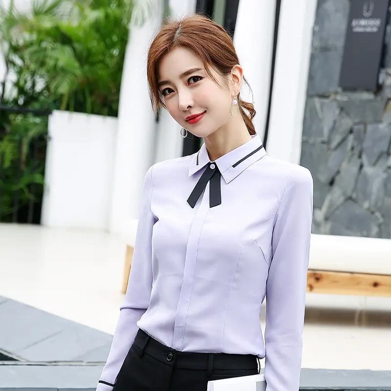 Slim Fit Chiffon Business Shirt for Women with Lapel Bow
